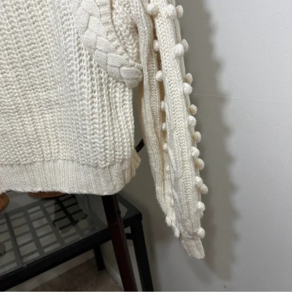 Farm Rio Braided Sweater S Pom Pom Off White wool blend - Picture 9 of 14